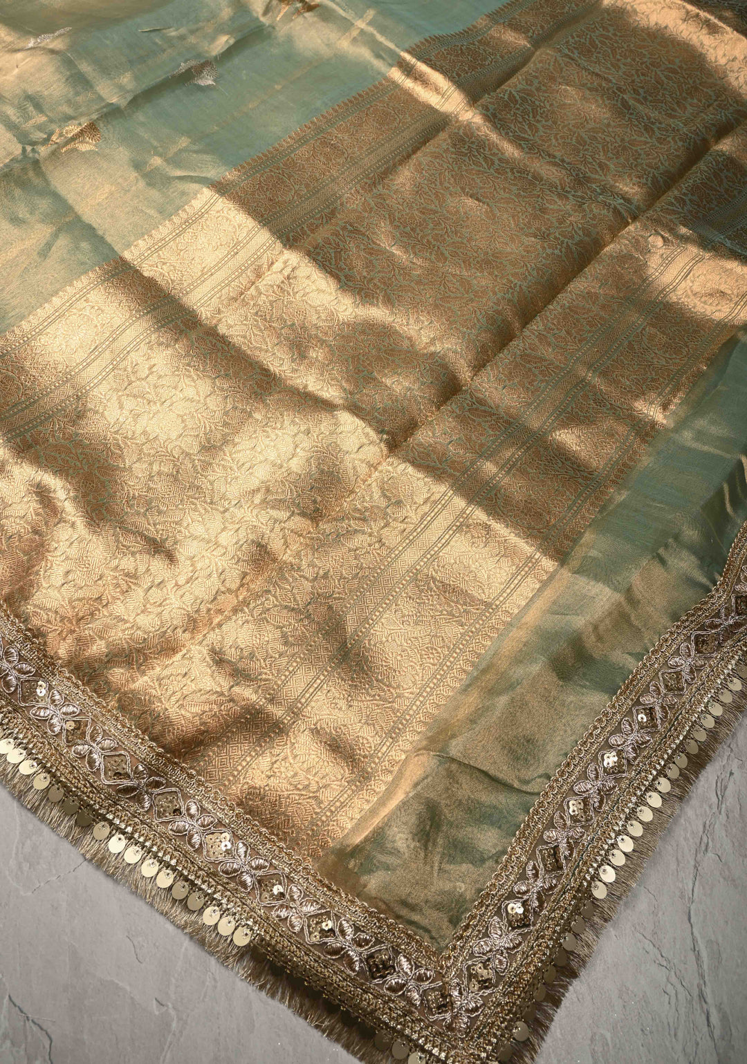 Sage Green Banarasi Pure Tissue Silk Saree with Sona Rupa Floral Buttas and Fancy Lace Trim Border | SILK MARK CERTIFIED