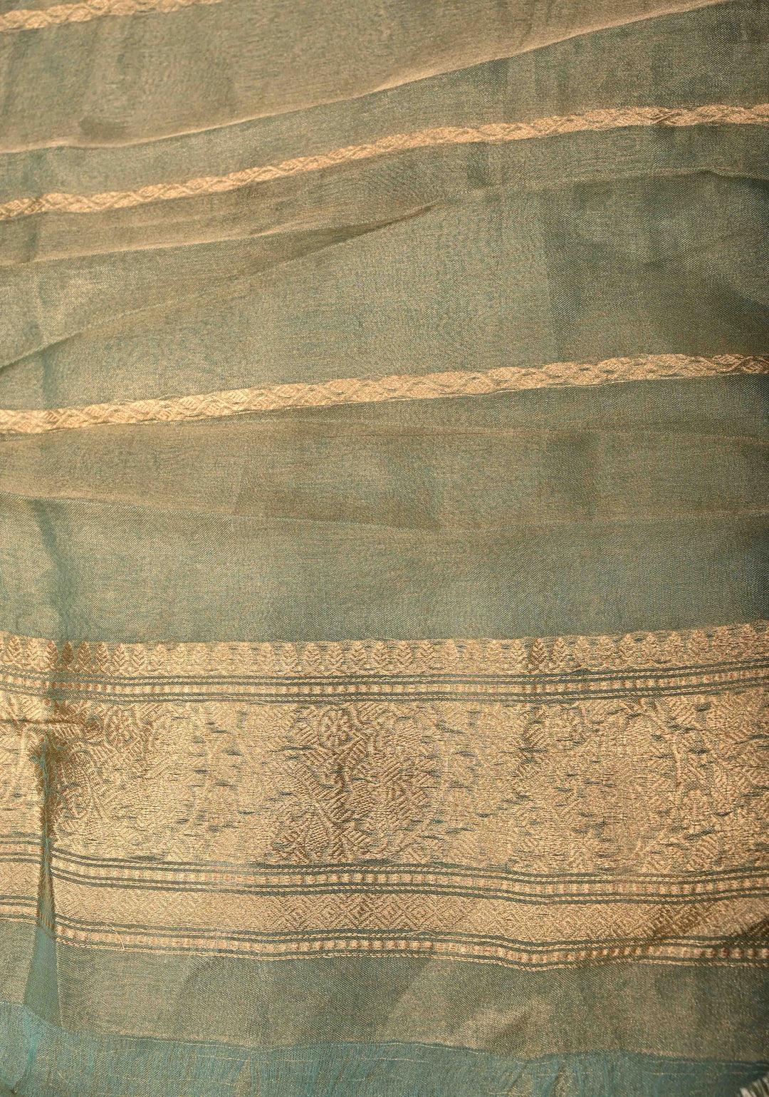 Sage Green Banarasi Pure Tissue Silk Saree with Sona Rupa Floral Buttas and Fancy Lace Trim Border | SILK MARK CERTIFIED