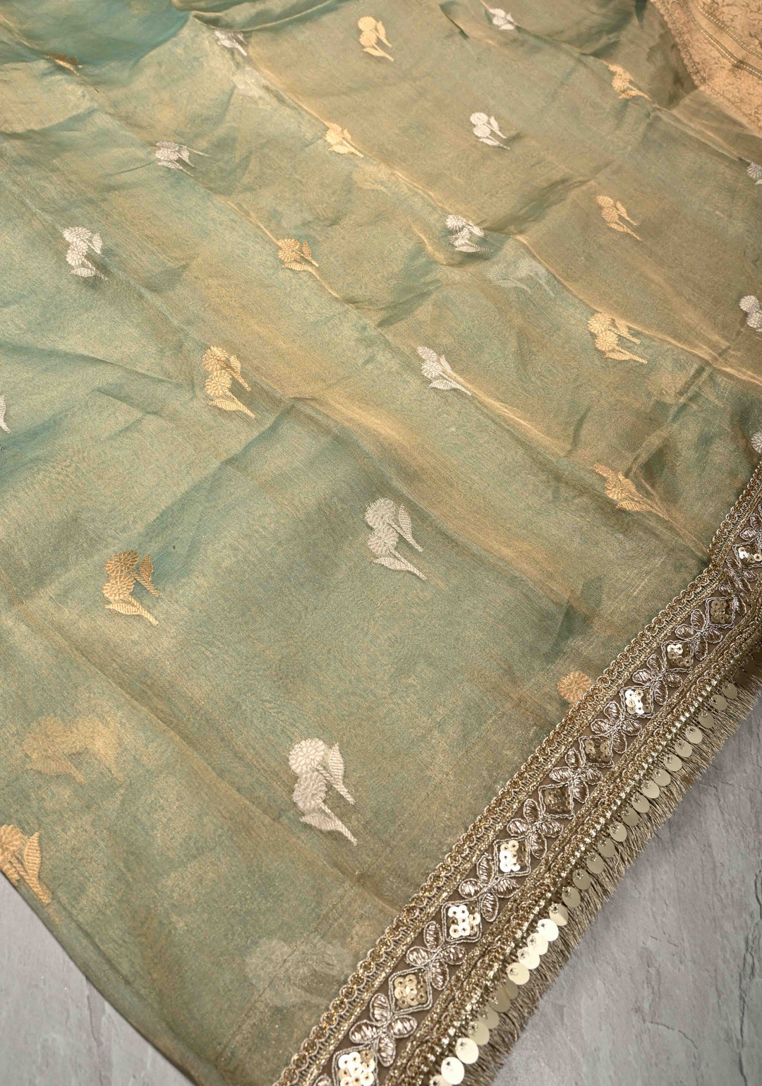 Sage Green Banarasi Pure Tissue Silk Saree with Sona Rupa Floral Buttas and Fancy Lace Trim Border | SILK MARK CERTIFIED