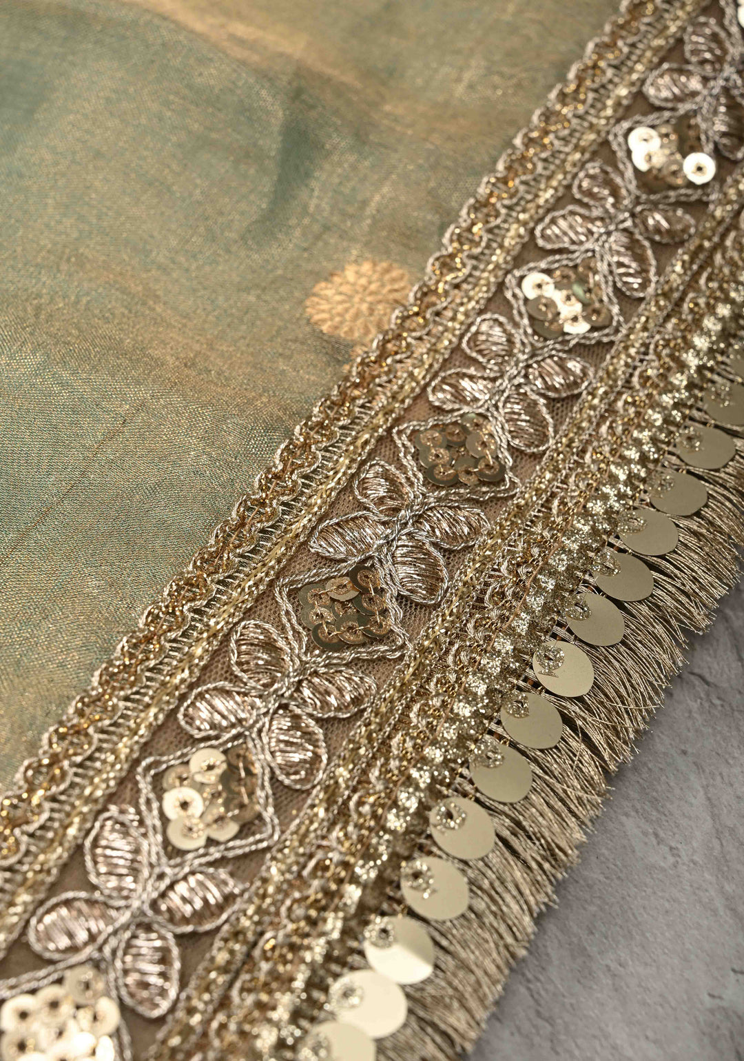 Sage Green Banarasi Pure Tissue Silk Saree with Sona Rupa Floral Buttas and Fancy Lace Trim Border | SILK MARK CERTIFIED