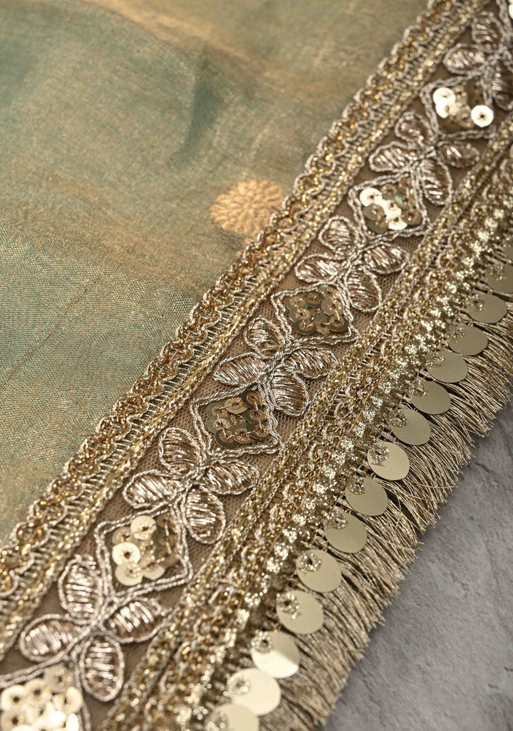 Sage Green Banarasi Pure Tissue Silk Saree with Sona Rupa Floral Buttas and Fancy Lace Trim Border | SILK MARK CERTIFIED