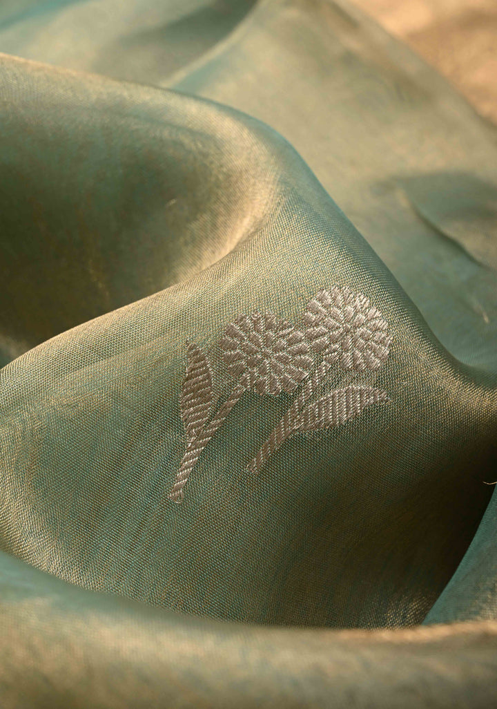 Sage Green Banarasi Pure Tissue Silk Saree with Sona Rupa Floral Buttas and Fancy Lace Trim Border | SILK MARK CERTIFIED