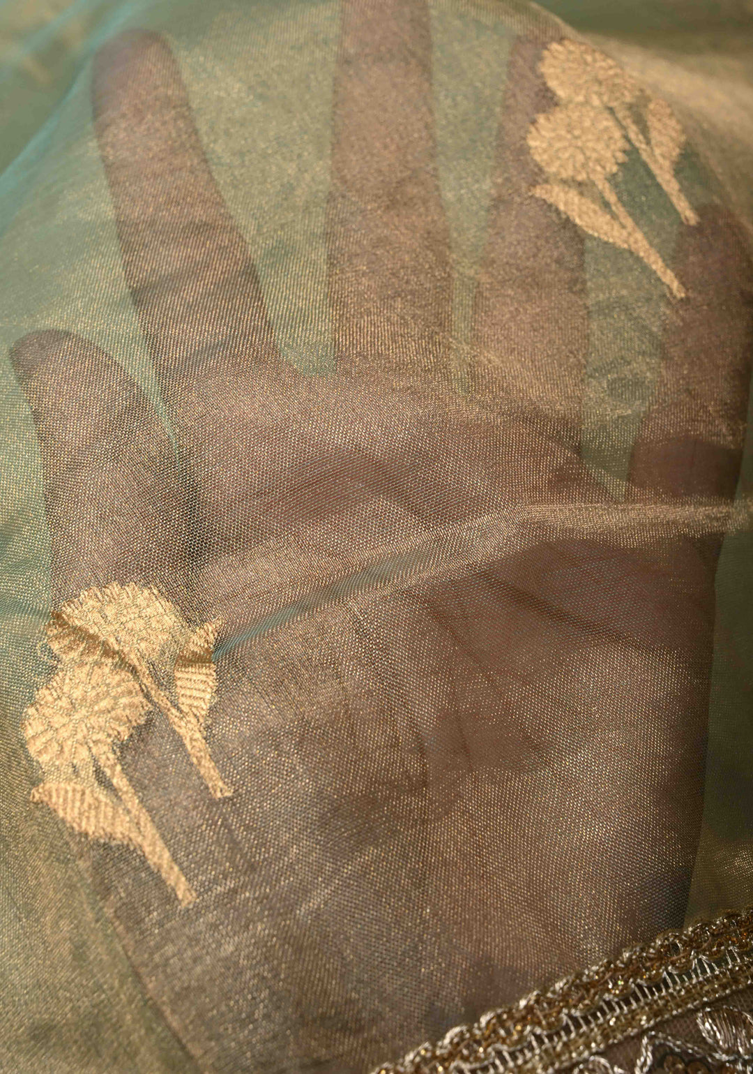 Sage Green Banarasi Pure Tissue Silk Saree with Sona Rupa Floral Buttas and Fancy Lace Trim Border | SILK MARK CERTIFIED