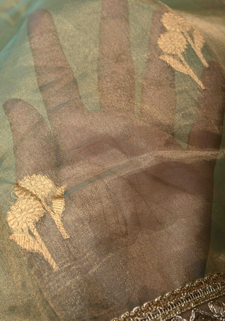 Sage Green Banarasi Pure Tissue Silk Saree with Sona Rupa Floral Buttas and Fancy Lace Trim Border | SILK MARK CERTIFIED