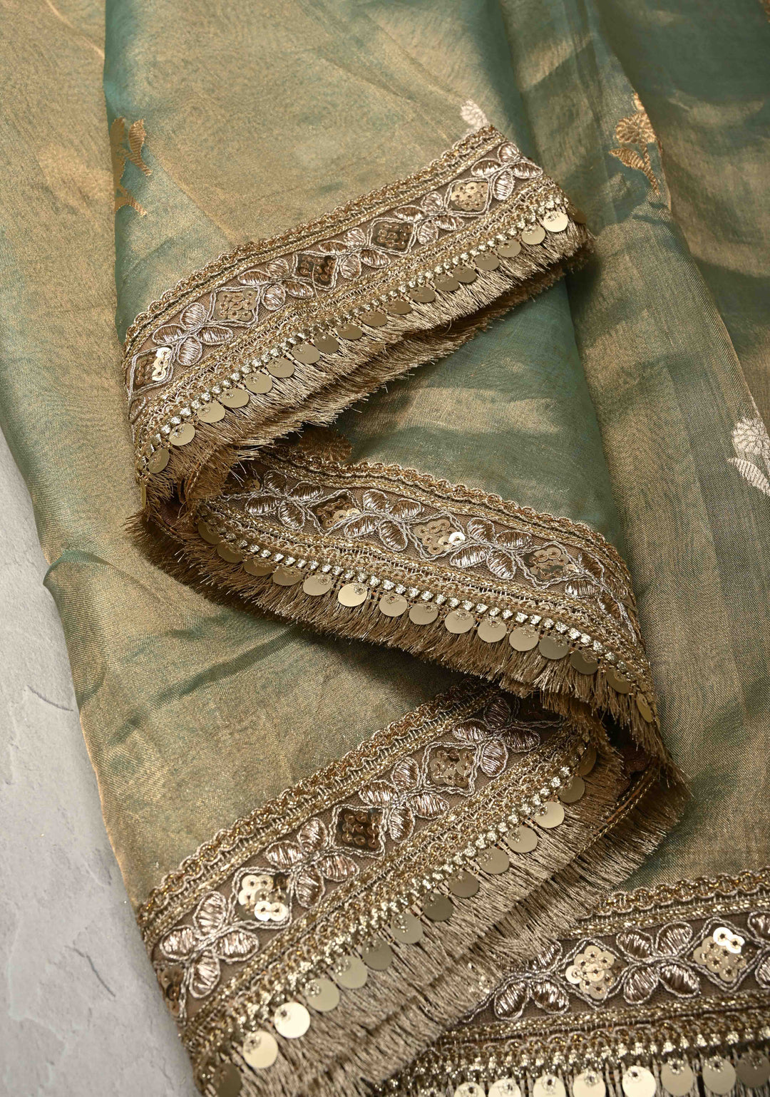 Sage Green Banarasi Pure Tissue Silk Saree with Sona Rupa Floral Buttas and Fancy Lace Trim Border | SILK MARK CERTIFIED