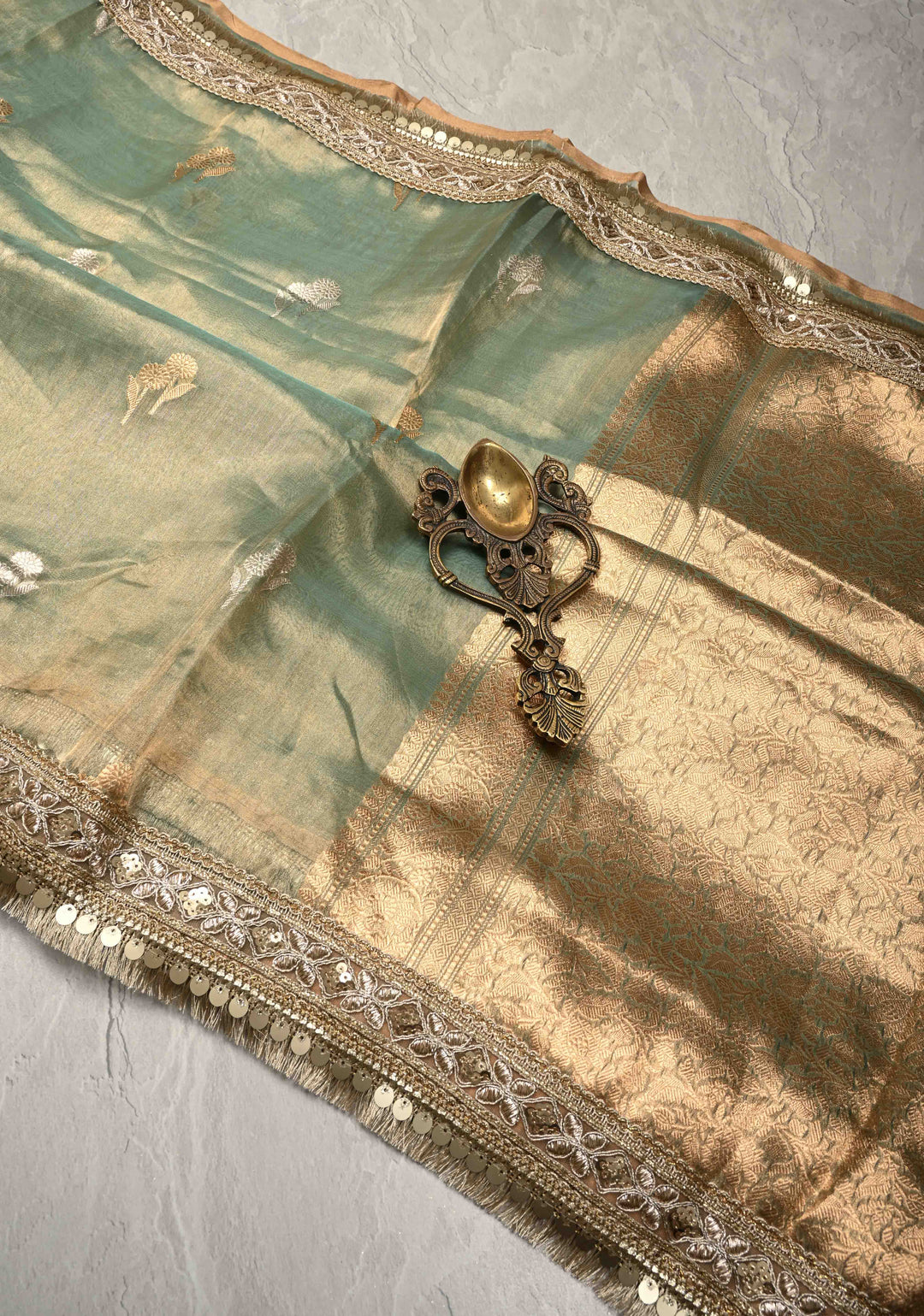 Sage Green Banarasi Pure Tissue Silk Saree with Sona Rupa Floral Buttas and Fancy Lace Trim Border | SILK MARK CERTIFIED