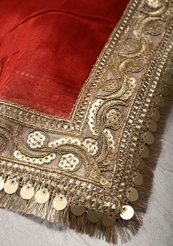 Orangish Red Organza Tissue Silk Saree with Kadhuwa Zari Buttas and Fancy Lace Trim Border | SILK MARK CERTIFIED