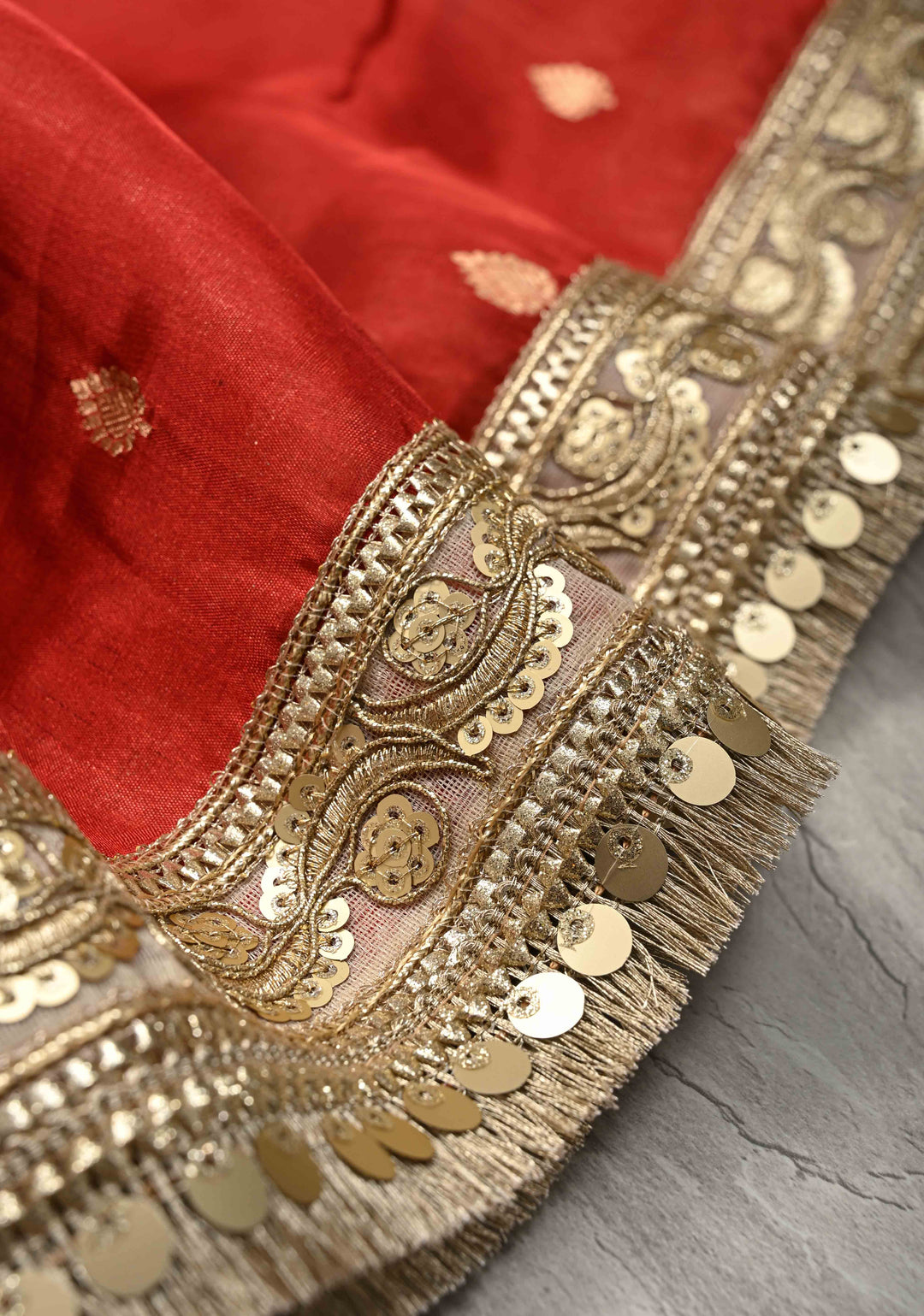 Orangish Red Organza Tissue Silk Saree with Kadhuwa Zari Buttas and Fancy Lace Trim Border | SILK MARK CERTIFIED