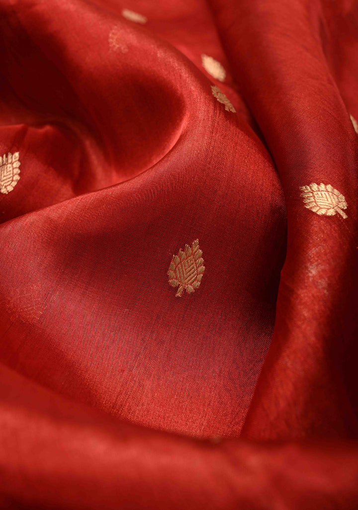 Orangish Red Organza Tissue Silk Saree with Kadhuwa Zari Buttas and Fancy Lace Trim Border | SILK MARK CERTIFIED