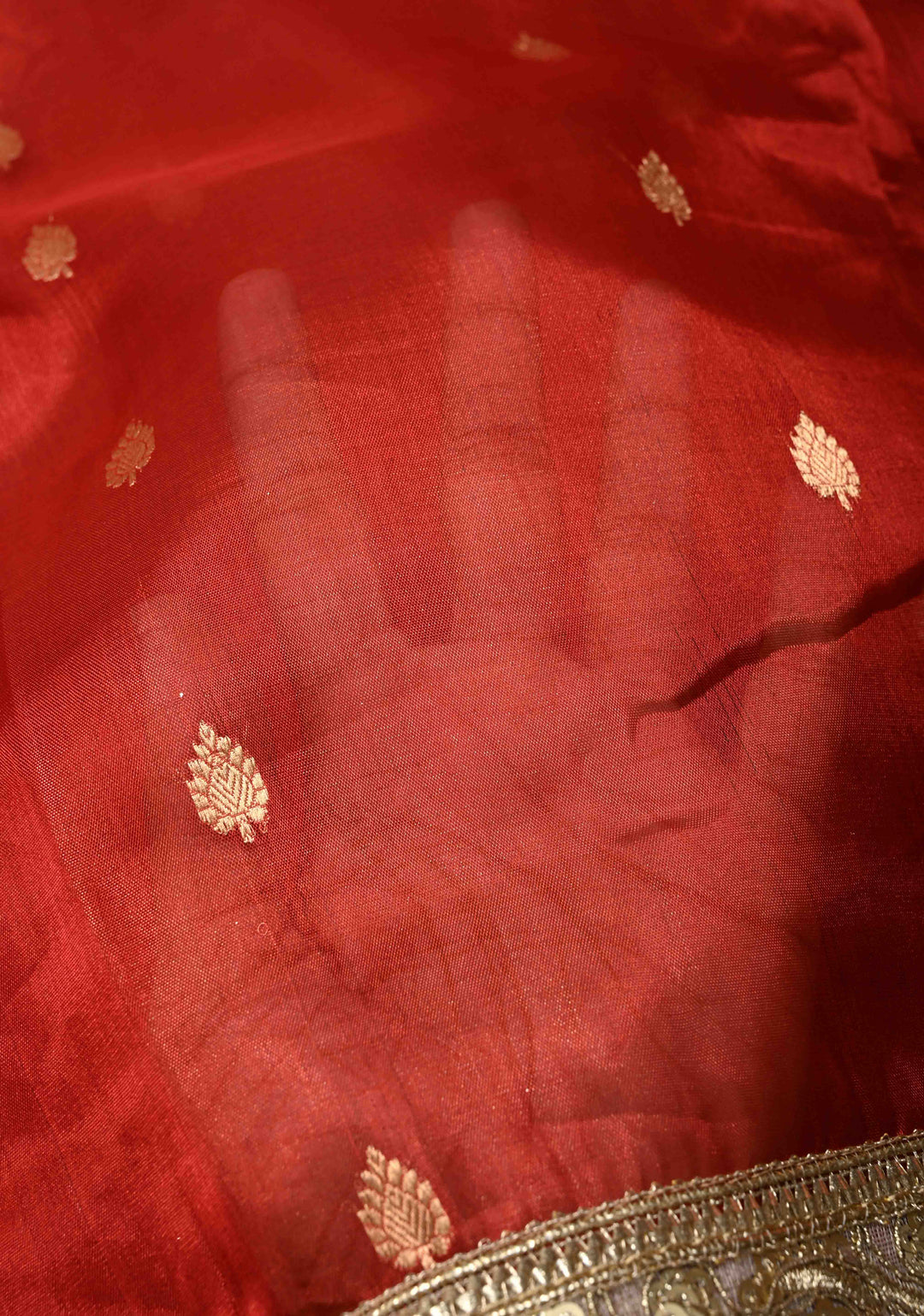 Orangish Red Organza Tissue Silk Saree with Kadhuwa Zari Buttas and Fancy Lace Trim Border | SILK MARK CERTIFIED