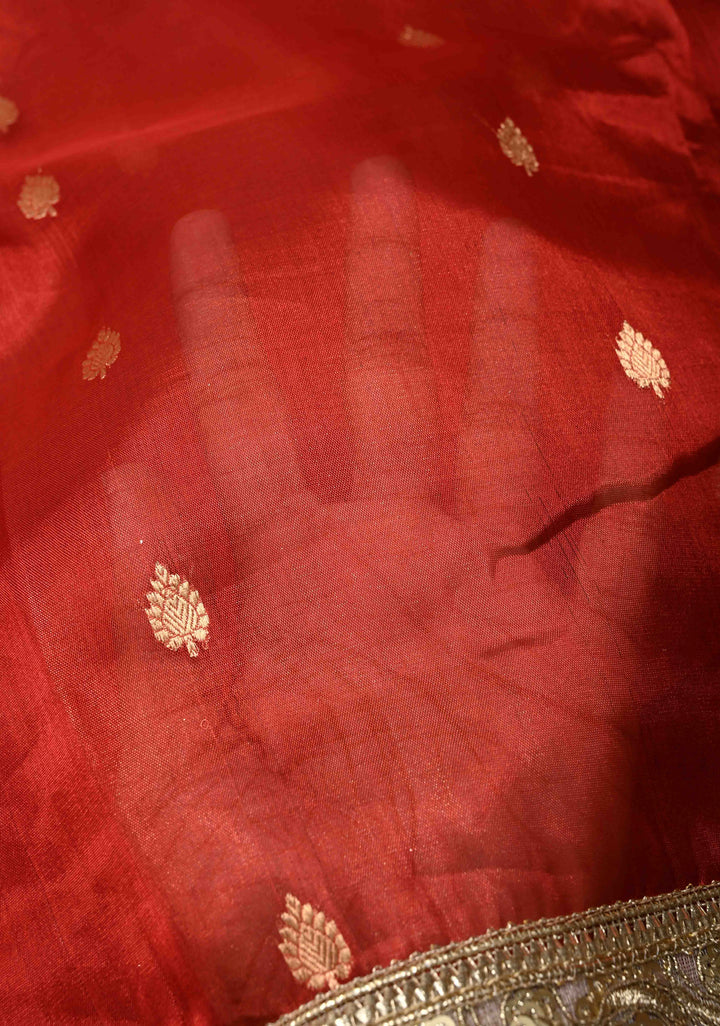 Orangish Red Organza Tissue Silk Saree with Kadhuwa Zari Buttas and Fancy Lace Trim Border | SILK MARK CERTIFIED