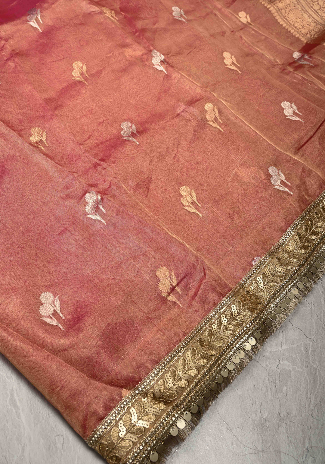 Pink Banarasi Pure Tissue Silk Saree with Sona Rupa Floral Buttas and Fancy Lace Trim Border | SILK MARK CERTIFIED