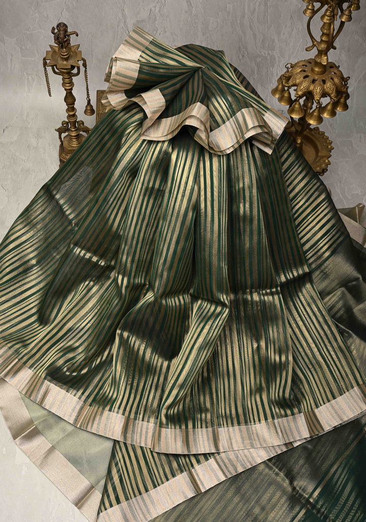 Dark Green Semi Kora Saree with Tissue Stripes and Zari Border