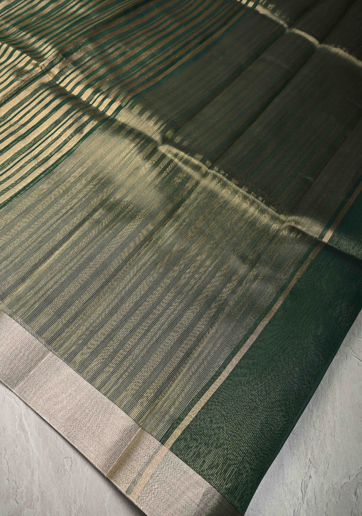 Dark Green Semi Kora Saree with Tissue Stripes and Zari Border