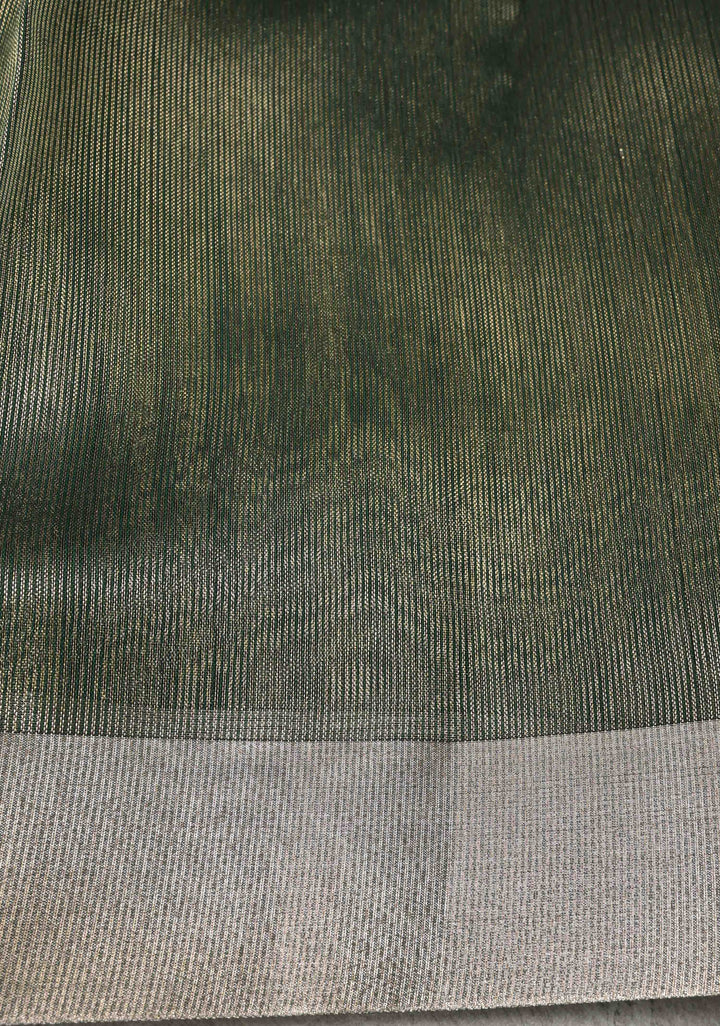 Dark Green Semi Kora Saree with Tissue Stripes and Zari Border