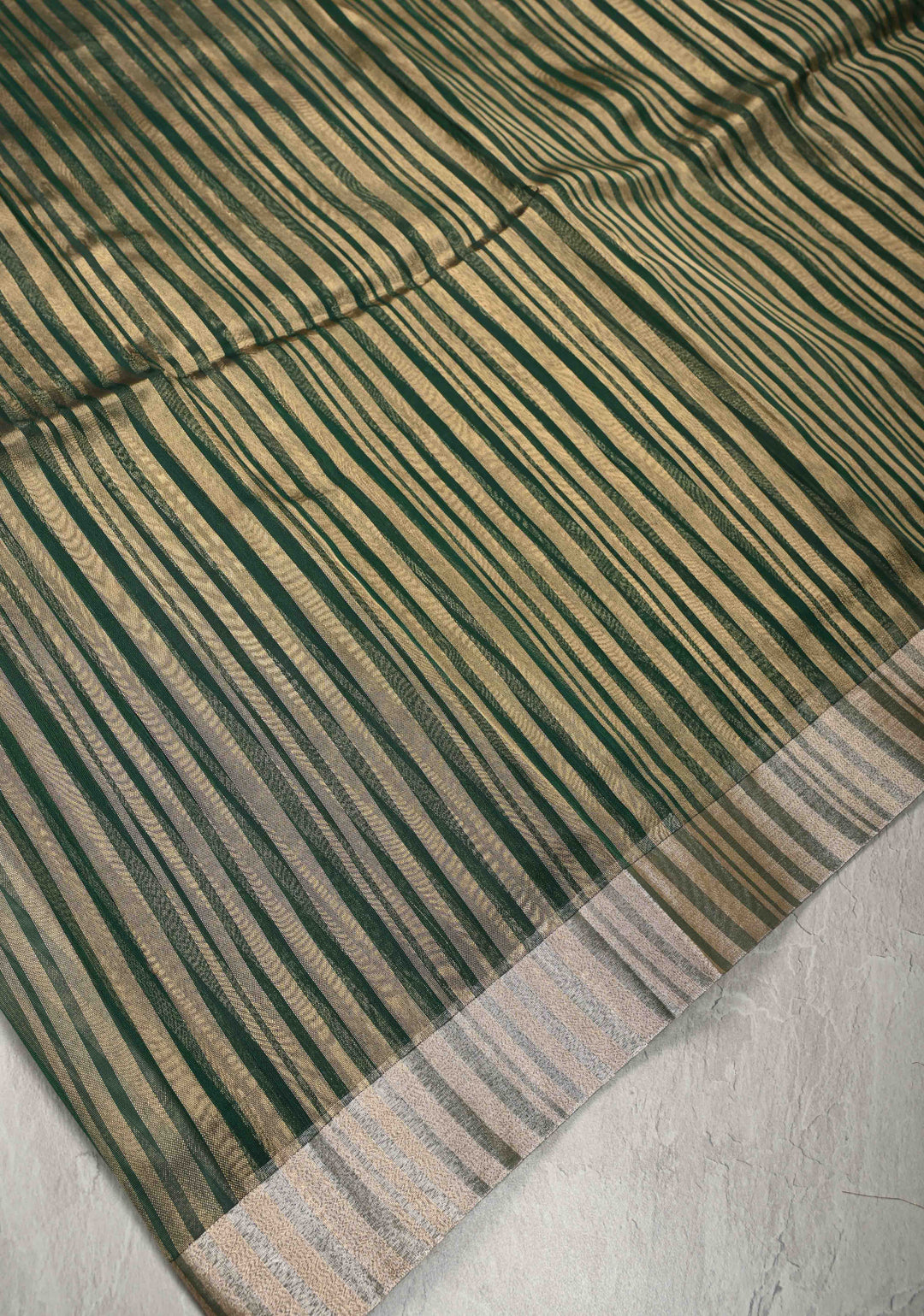 Dark Green Semi Kora Saree with Tissue Stripes and Zari Border