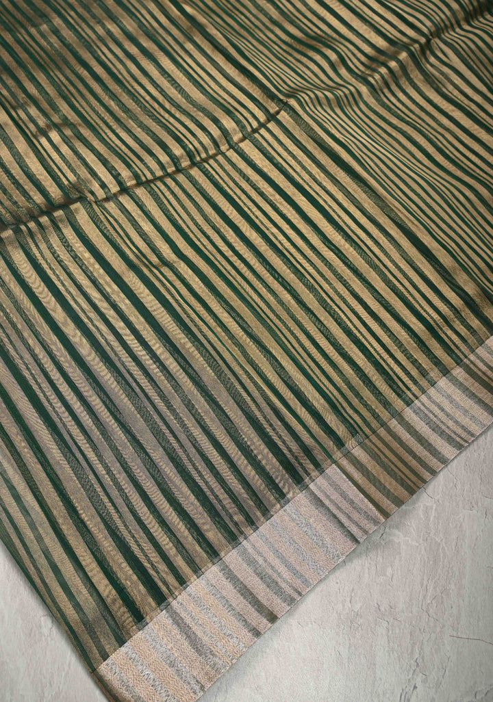 Dark Green Semi Kora Saree with Tissue Stripes and Zari Border