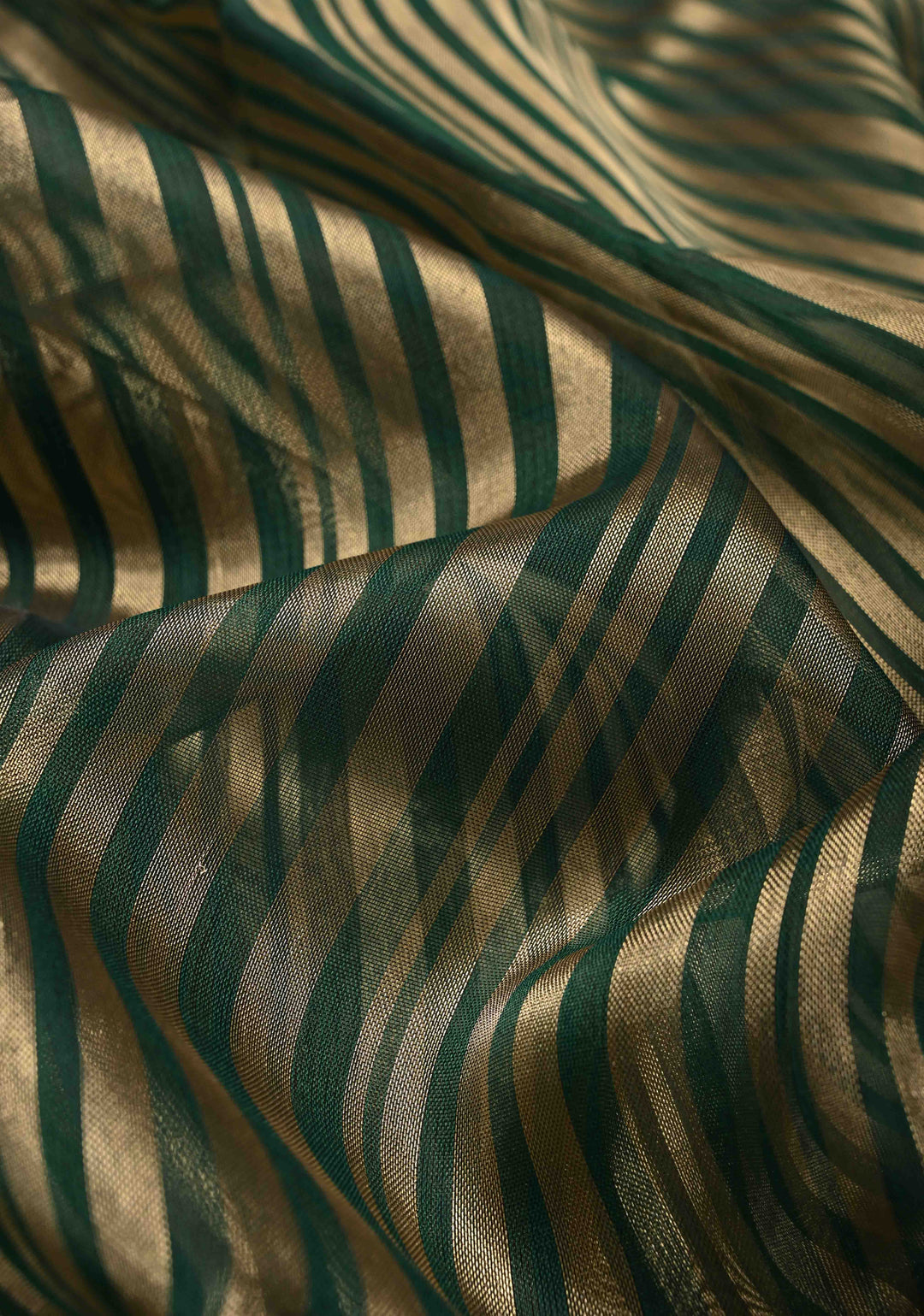 Dark Green Semi Kora Saree with Tissue Stripes and Zari Border