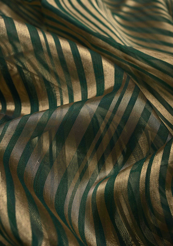 Dark Green Semi Kora Saree with Tissue Stripes and Zari Border