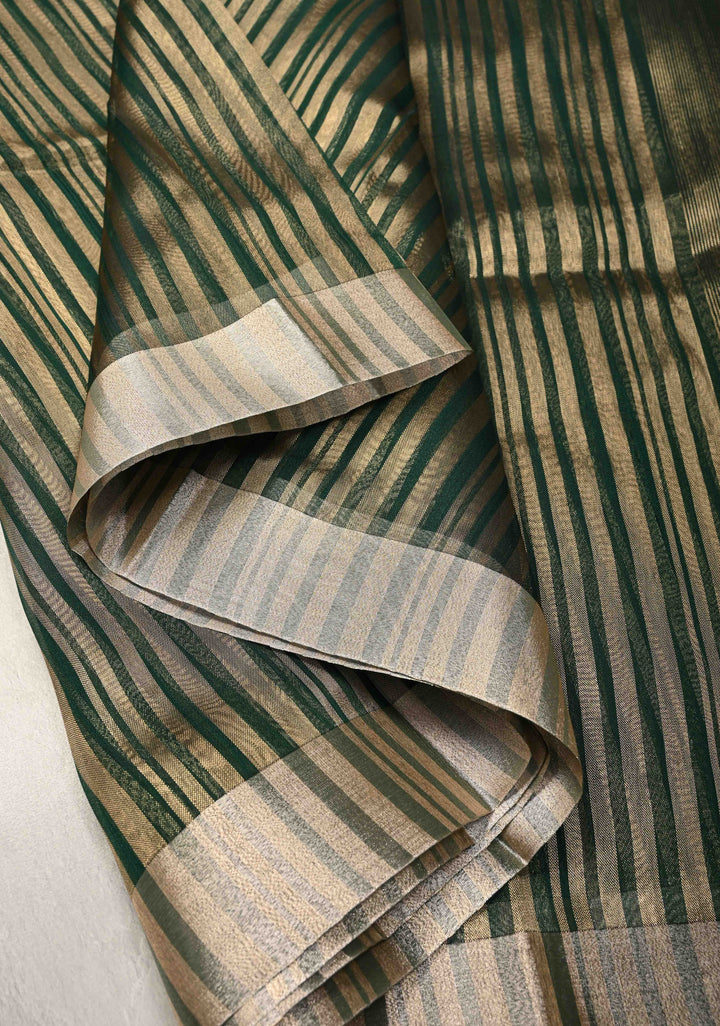 Dark Green Semi Kora Saree with Tissue Stripes and Zari Border