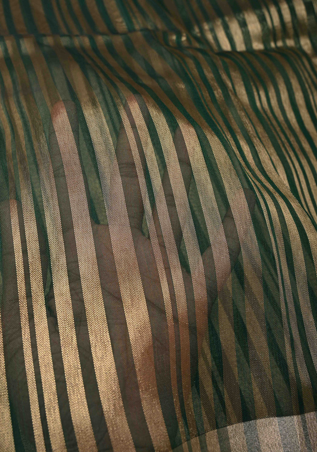 Dark Green Semi Kora Saree with Tissue Stripes and Zari Border