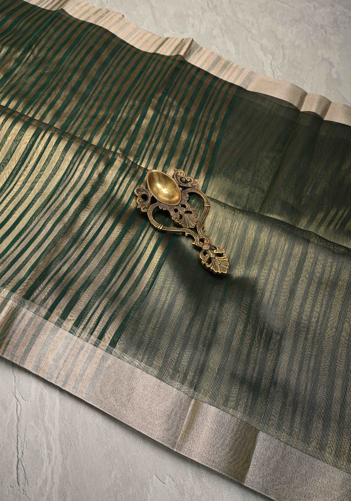 Dark Green Semi Kora Saree with Tissue Stripes and Zari Border