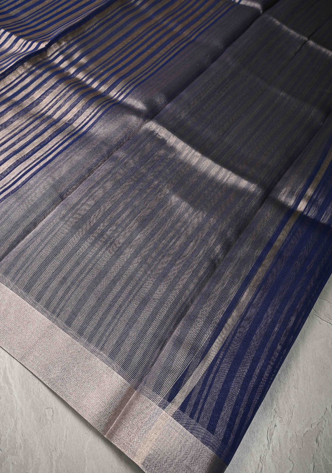 Royal Blue Semi Kora Saree with Tissue Stripes and Zari Border
