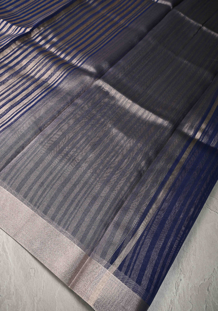 Royal Blue Semi Kora Saree with Tissue Stripes and Zari Border