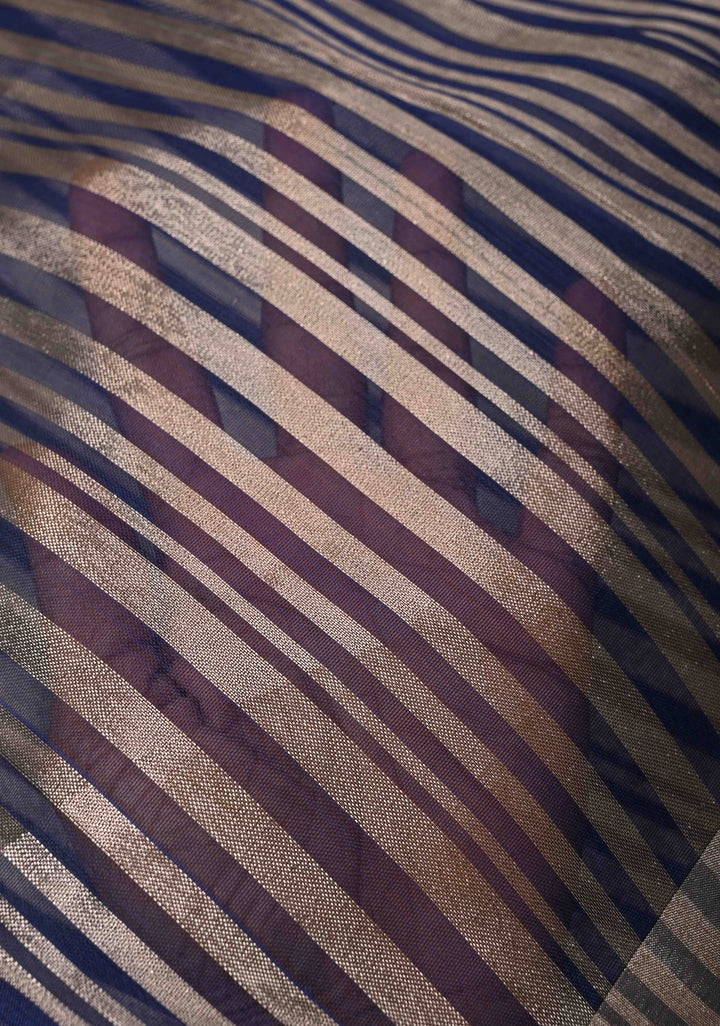 Royal Blue Semi Kora Saree with Tissue Stripes and Zari Border