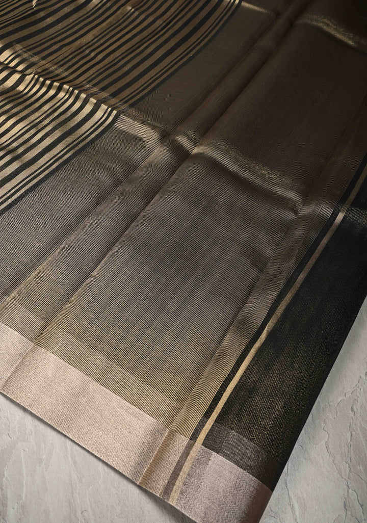 Black Semi Kora Saree with Tissue Stripes and Zari Border