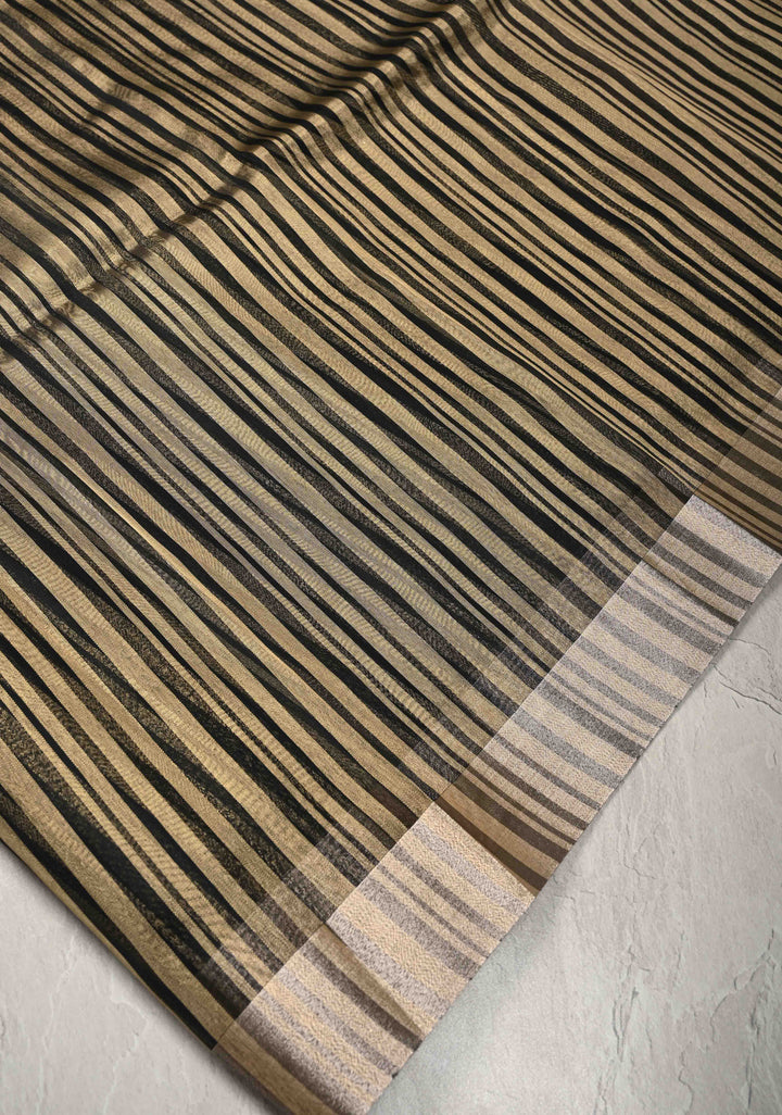Black Semi Kora Saree with Tissue Stripes and Zari Border