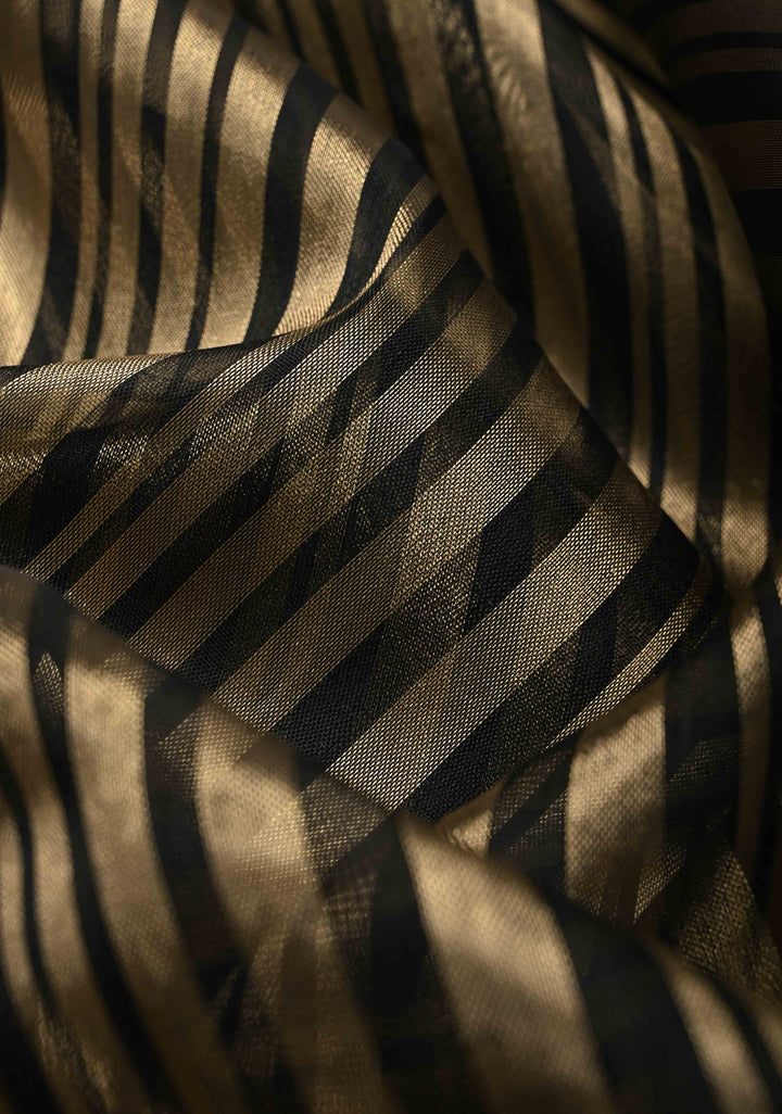 Black Semi Kora Saree with Tissue Stripes and Zari Border