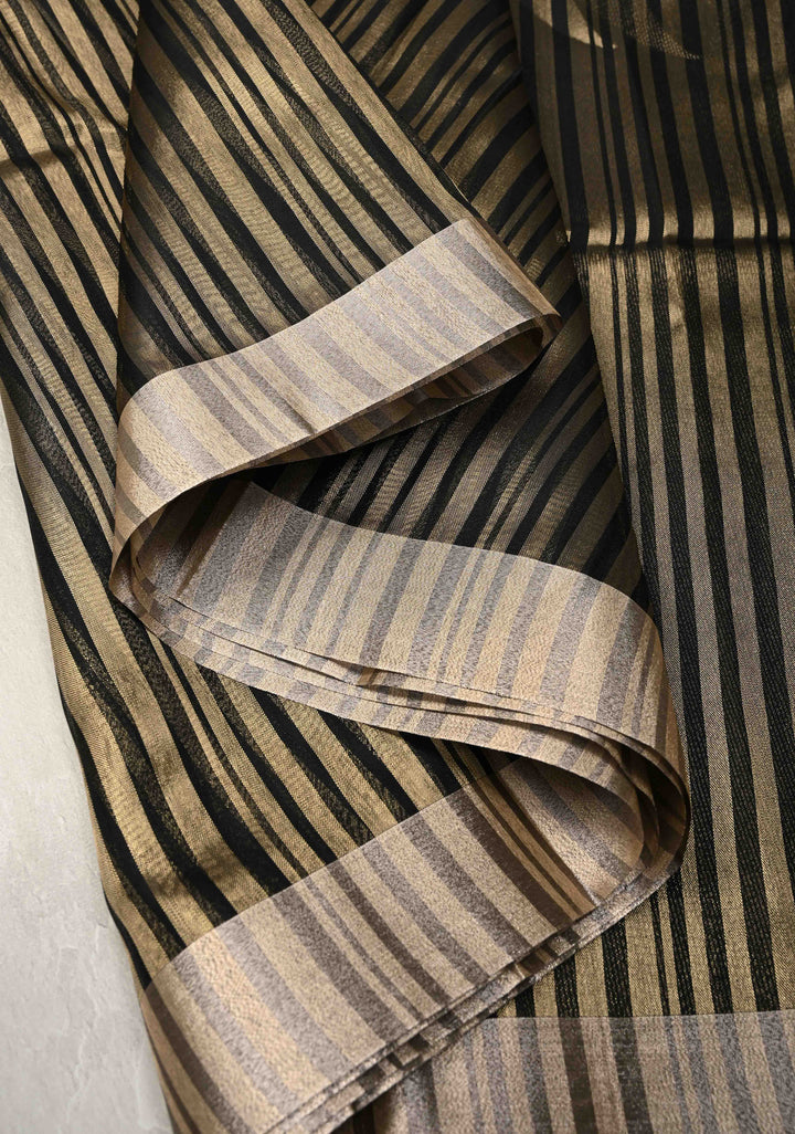 Black Semi Kora Saree with Tissue Stripes and Zari Border