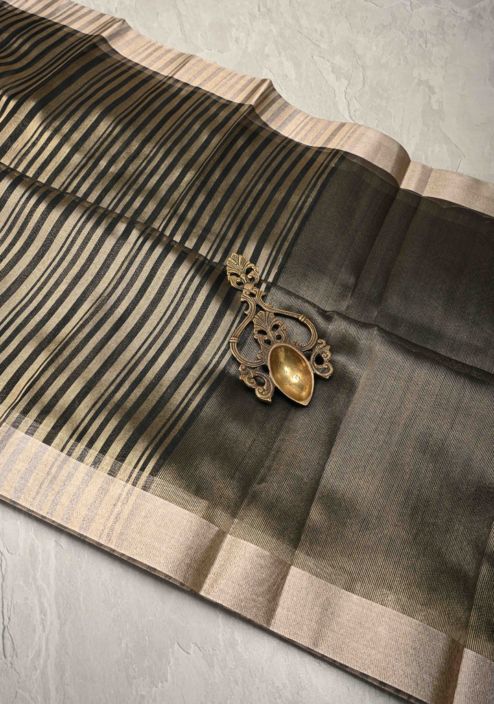 Black Semi Kora Saree with Tissue Stripes and Zari Border