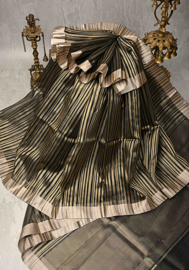Black Semi Kora Saree with Tissue Stripes and Zari Border