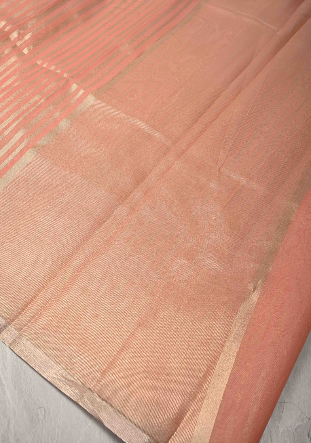 Salmon Pink Semi Kora Saree with Tissue Stripes and Minimal Zari Border