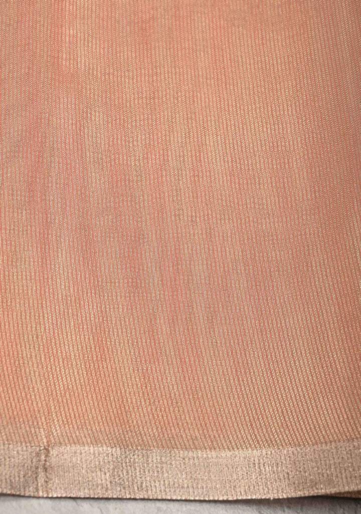Salmon Pink Semi Kora Saree with Tissue Stripes and Minimal Zari Border