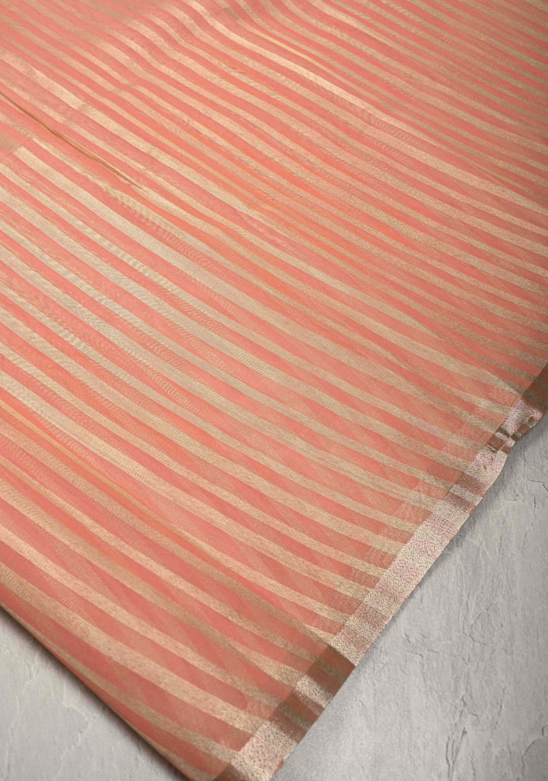 Salmon Pink Semi Kora Saree with Tissue Stripes and Minimal Zari Border