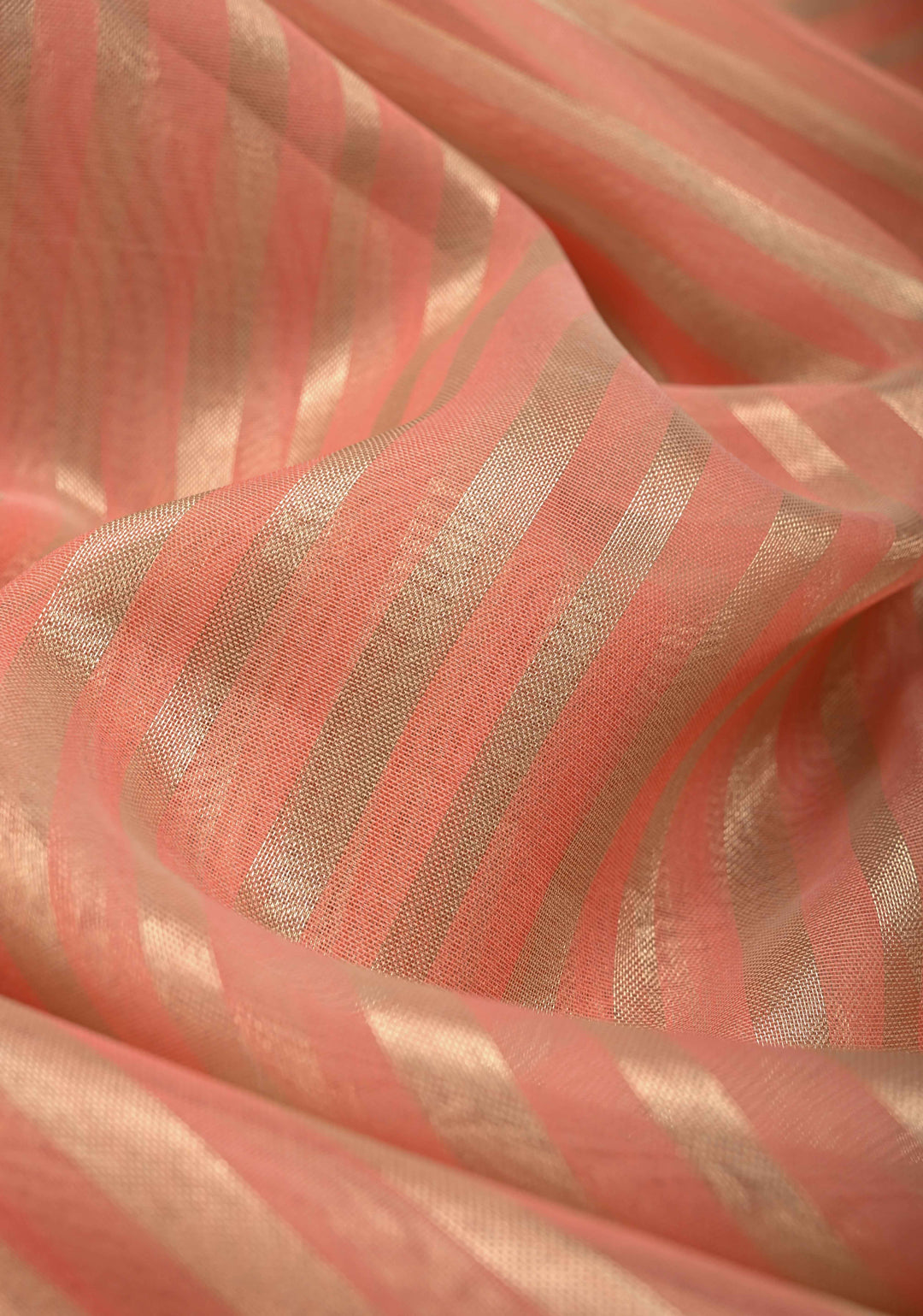 Salmon Pink Semi Kora Saree with Tissue Stripes and Minimal Zari Border