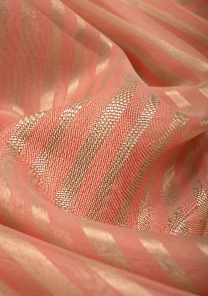 Salmon Pink Semi Kora Saree with Tissue Stripes and Minimal Zari Border