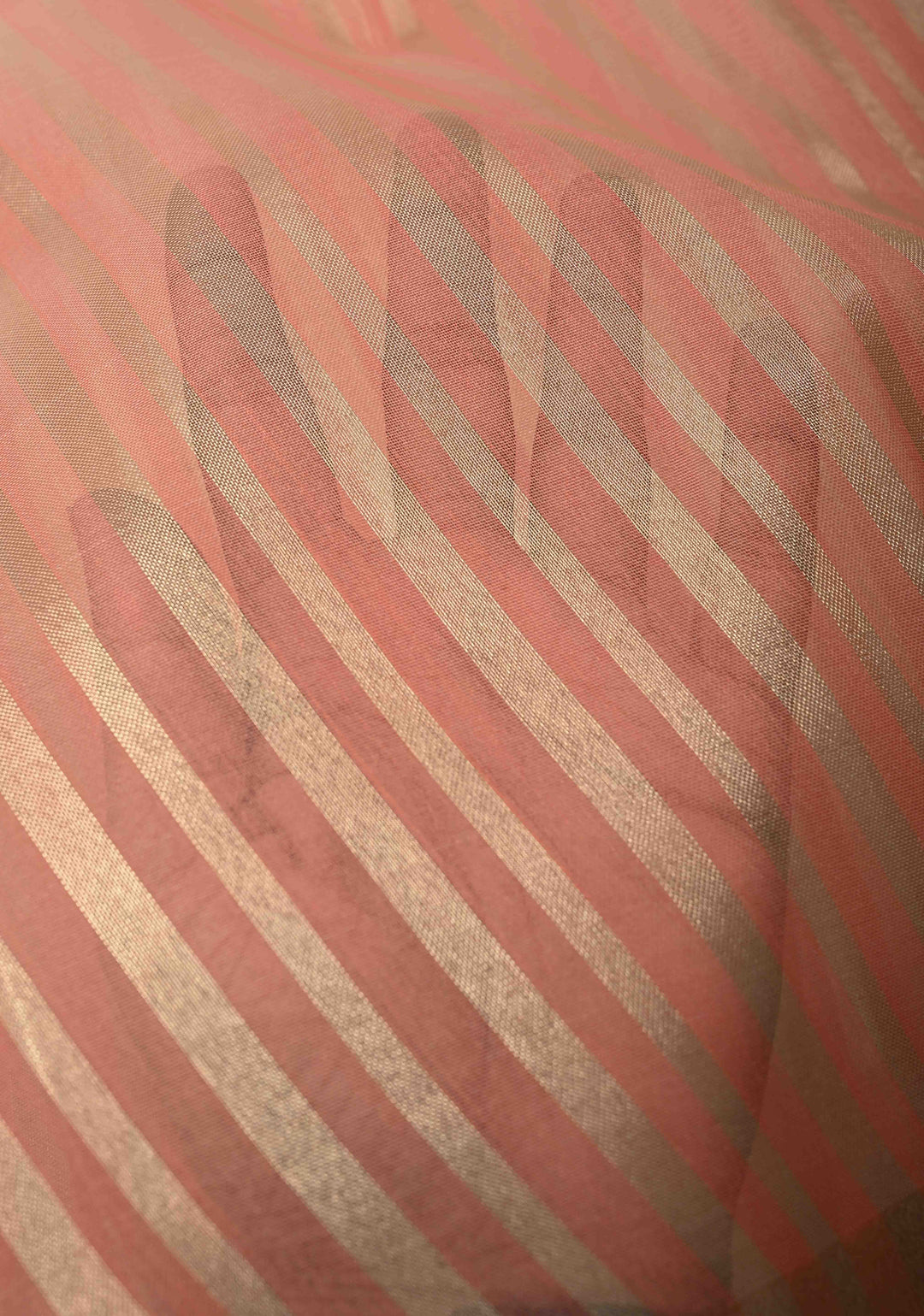 Salmon Pink Semi Kora Saree with Tissue Stripes and Minimal Zari Border