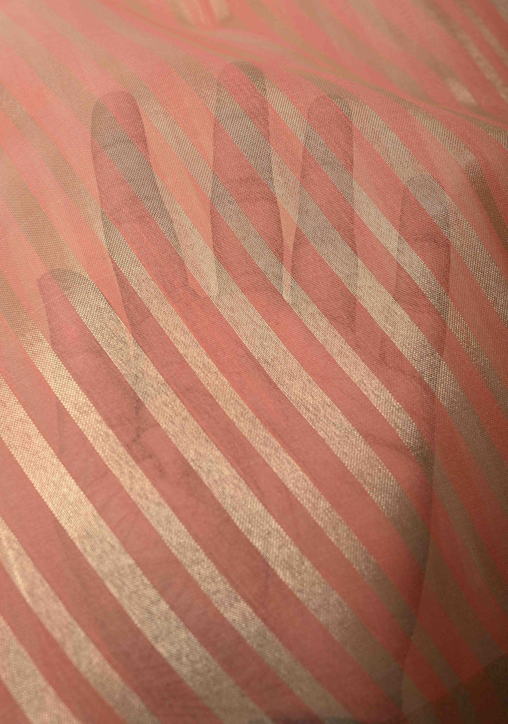 Salmon Pink Semi Kora Saree with Tissue Stripes and Minimal Zari Border