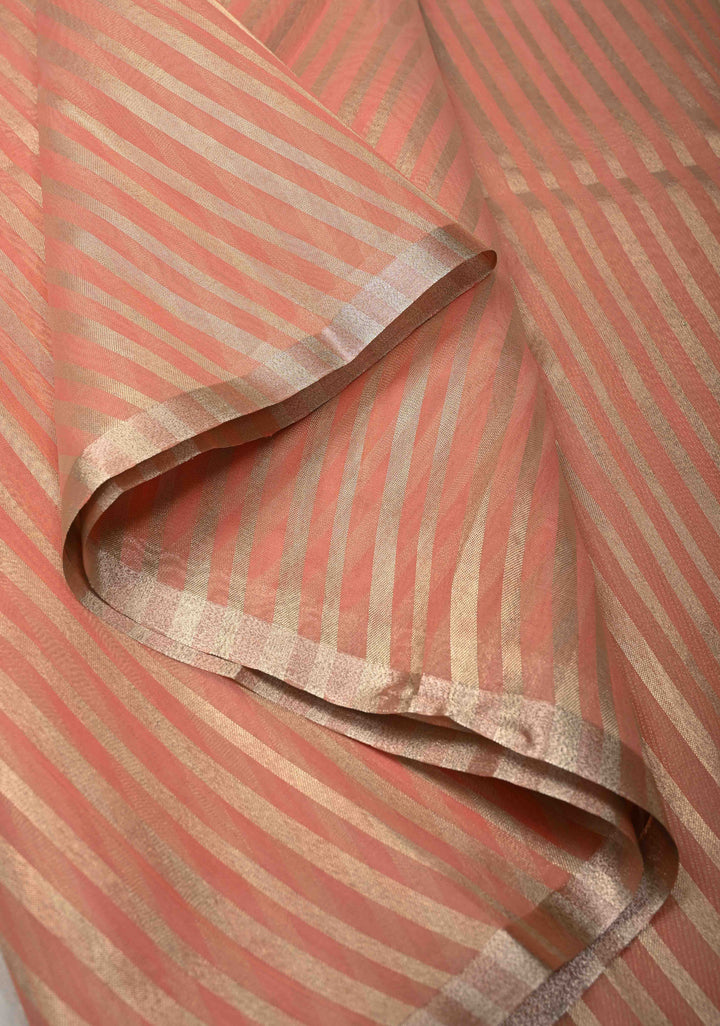 Salmon Pink Semi Kora Saree with Tissue Stripes and Minimal Zari Border