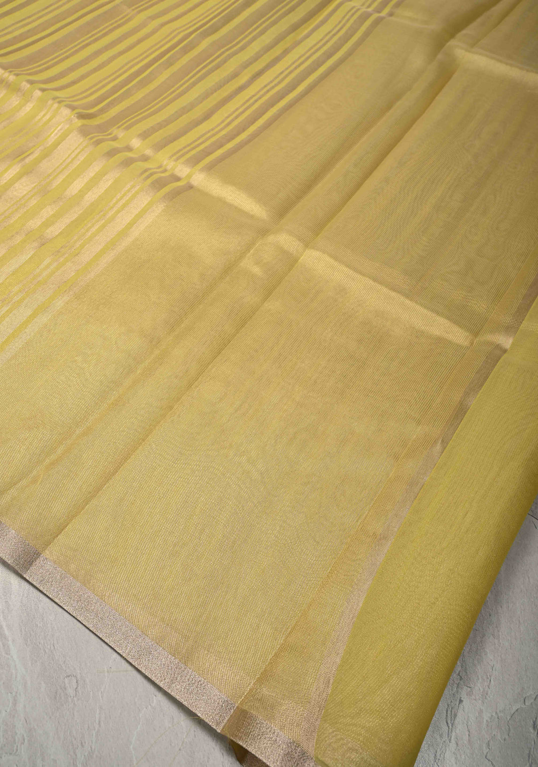 Musturd Yellow Semi Kora Saree with Tissue Stripes and Minimal Zari Border