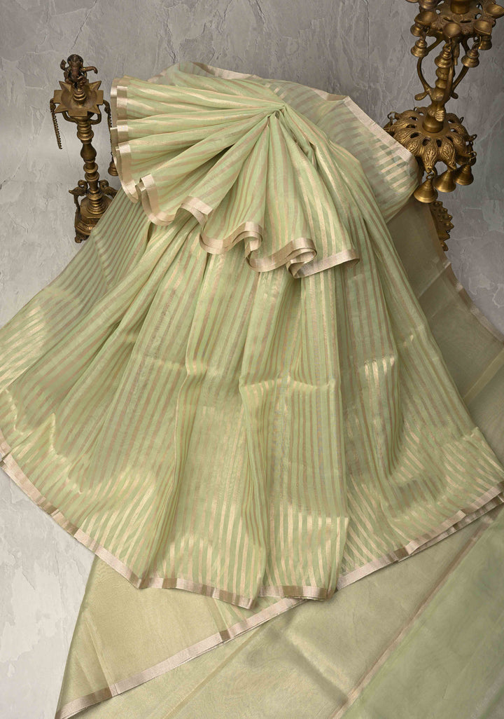 Lime Green Semi Kora Saree with Tissue Stripes and Minimal Zari Border