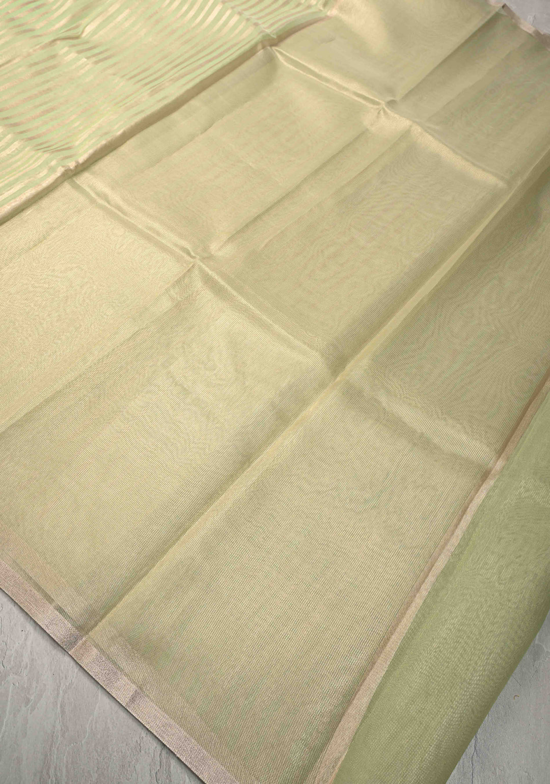 Lime Green Semi Kora Saree with Tissue Stripes and Minimal Zari Border