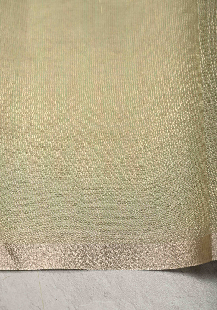 Lime Green Semi Kora Saree with Tissue Stripes and Minimal Zari Border