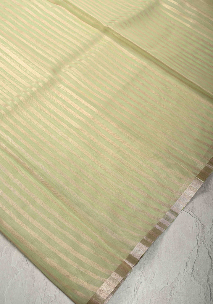 Lime Green Semi Kora Saree with Tissue Stripes and Minimal Zari Border