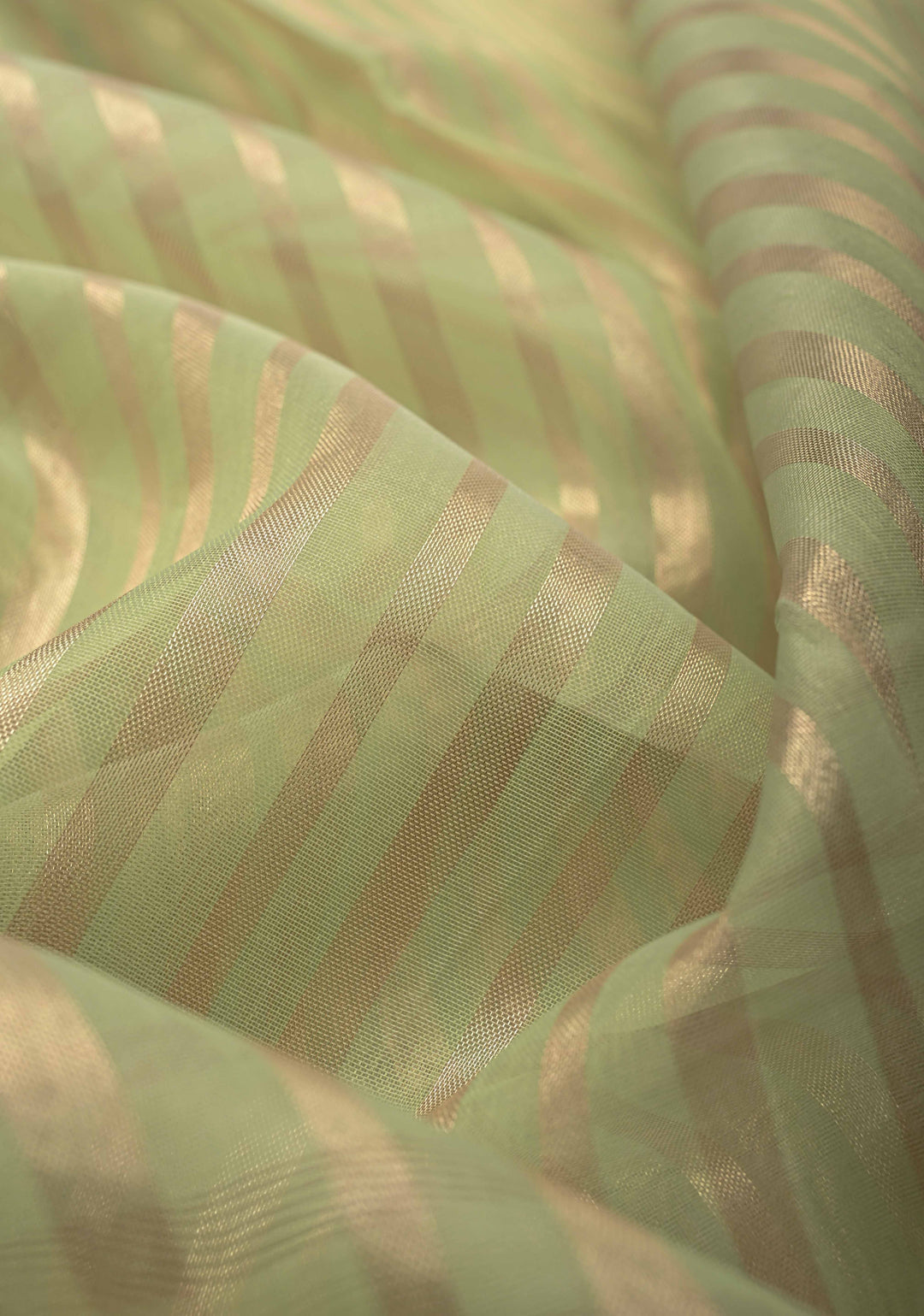 Lime Green Semi Kora Saree with Tissue Stripes and Minimal Zari Border