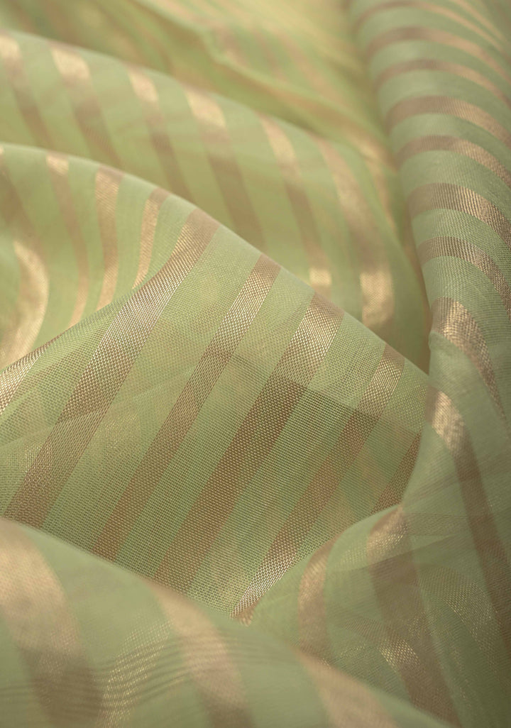 Lime Green Semi Kora Saree with Tissue Stripes and Minimal Zari Border